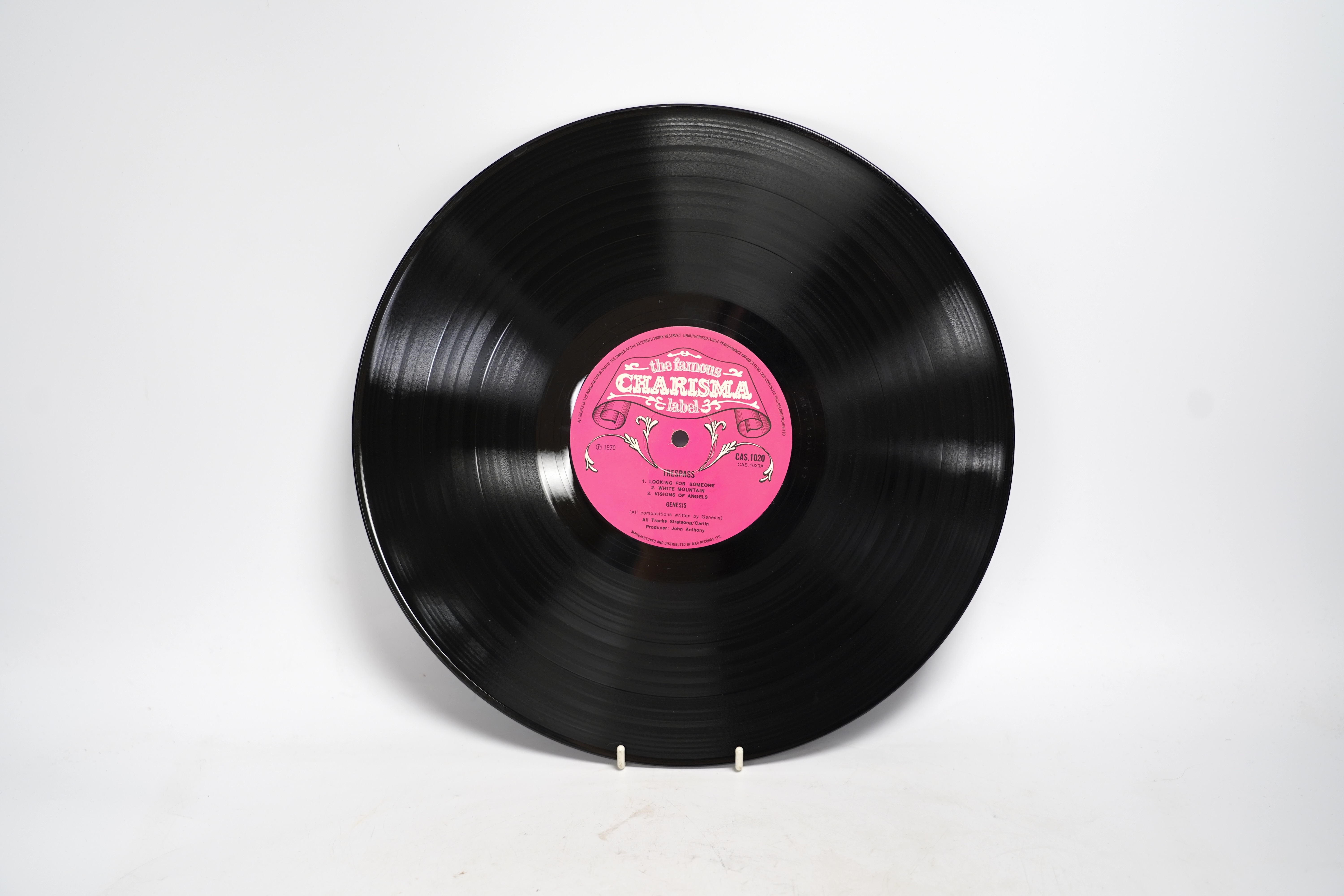 Genesis; Trespass LP record album, on pink scroll Charisma label, CAS.1020, with inner lyric sheet and textured gatefold cover
